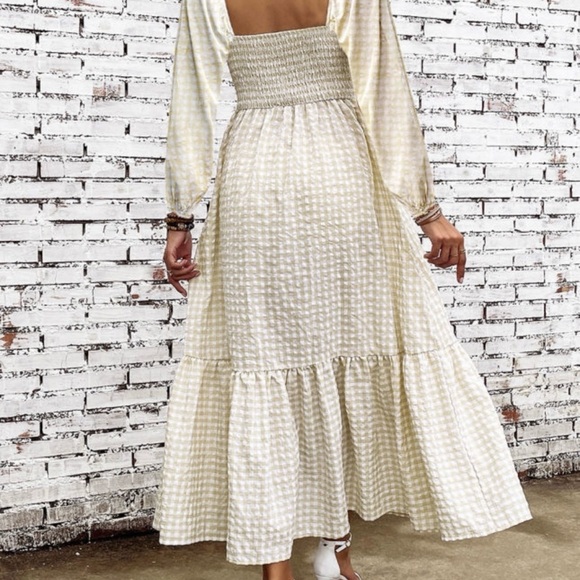 Khaki Plaid Ruffled Square Neck Smocked Tiered Maxi Dress - Picture 7 of 7